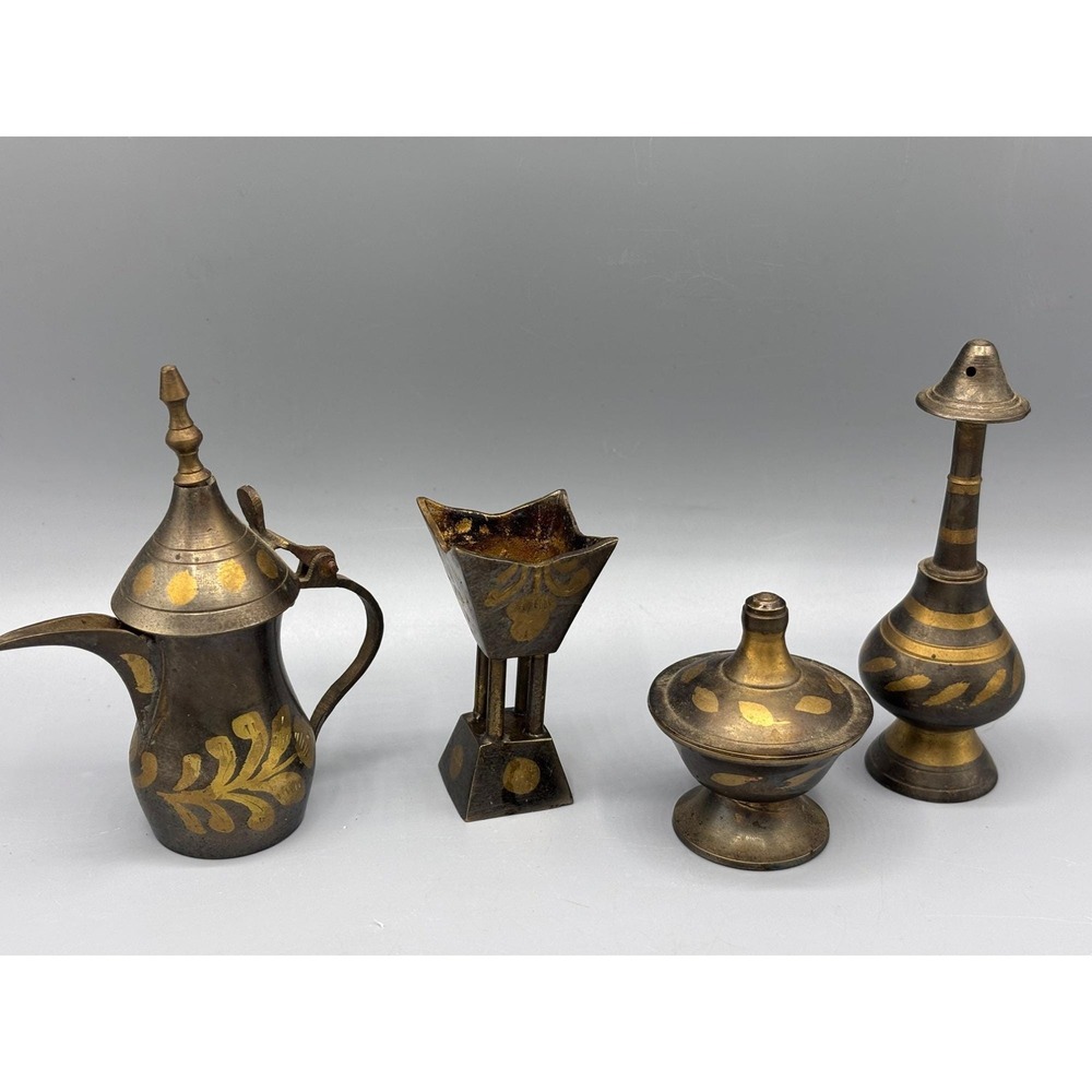 Vintage Brass & Gold Tone Decorative Middle Eastern Tea Set 4‎ Pc